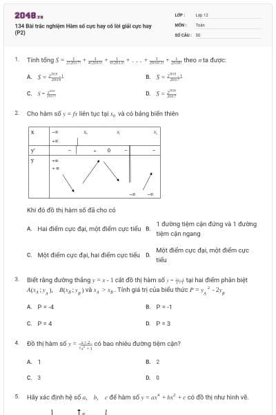134 Bài trắc nghiệm Hàm số cực hay có lời giải cực hay (P2)