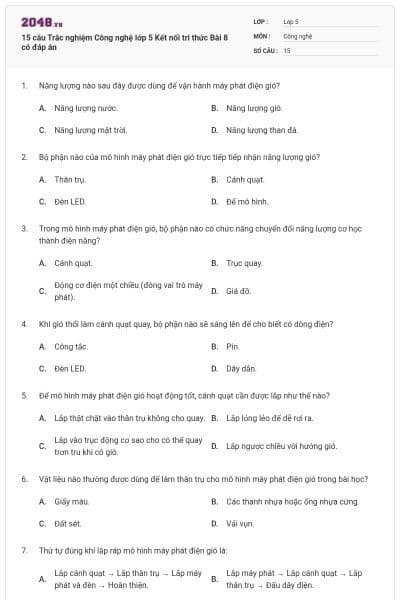 15 câu Trắc nghiệm Công nghệ lớp 5 Kết nối tri thức Bài 8 có đáp án