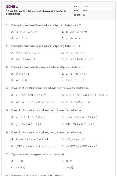 12 câu Trắc nghiệm Đại cương về phương trình có đáp án (Thông hiểu)