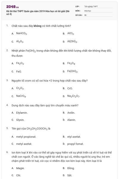 Đề thi thử THPT Quốc gia năm 2019 Hóa học có lời giải (Đề số 4)