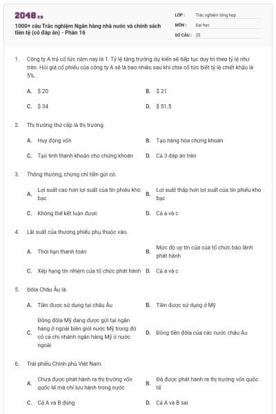 1000+ câu Trắc nghiệm Ngân hàng nhà nước và chính sách tiền tệ (có đáp án) - Phần 16