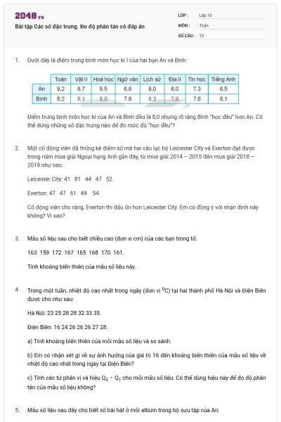 Bài tập Các số đặc trưng. Đo độ phân tán có đáp án