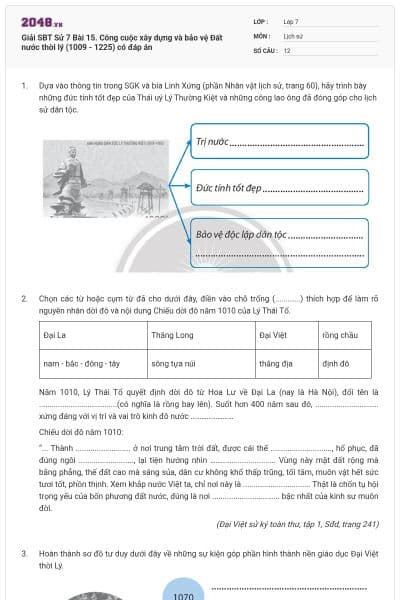 Giải SBT Sử 7 Bài 15. Công cuộc xây dựng và bảo vệ  Đất nước thời lý (1009 - 1225) có đáp án
