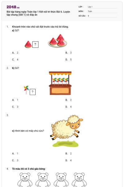 Bài tập hàng ngày Toán lớp 1 Kết nối tri thức Bài 6. Luyện tập chung (tiết 1) có đáp án