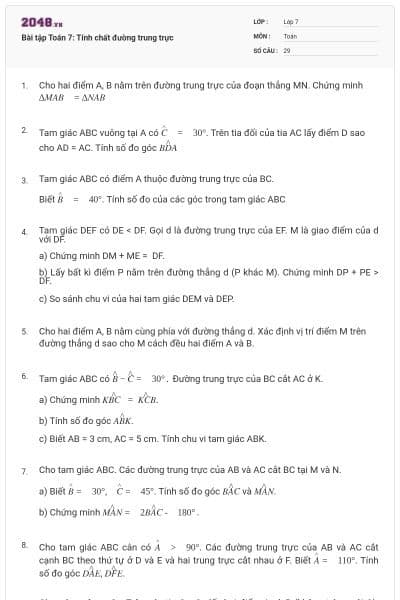 Bài tập Toán 7: Tính chất đường trung trực