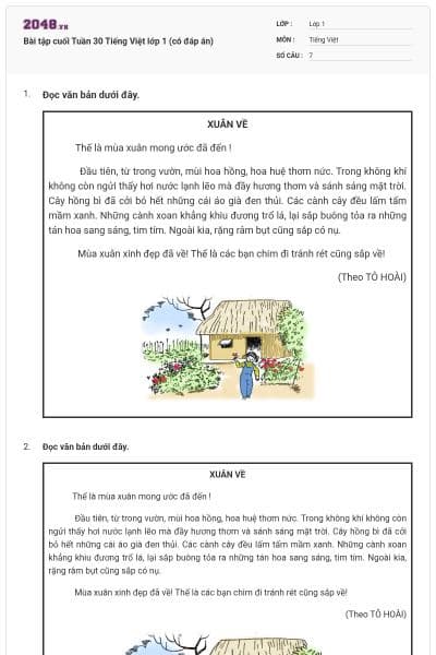Bài tập cuối Tuần 30 Tiếng Việt lớp 1 (có đáp án)