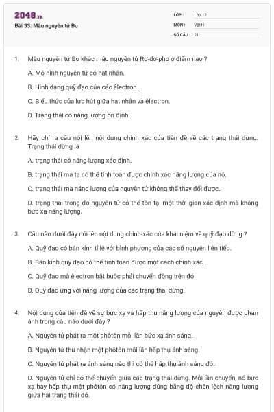Bài 33: Mẫu nguyên tử Bo