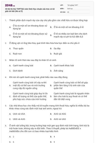 30 Đề thi thử THPTQG môn Sinh Học chuẩn cấu trúc có lời giải chi tiết (Đề số 5)