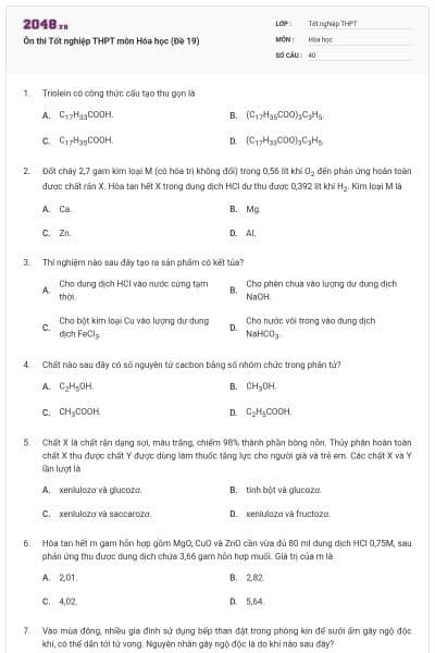 Ôn thi Tốt nghiệp THPT môn Hóa học (Đề 19)