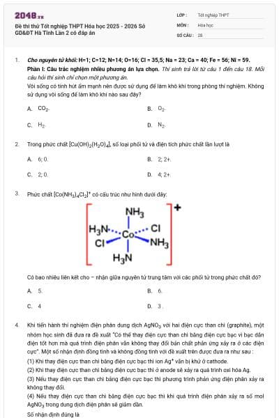 Đề thi thử Tốt nghiệp THPT Hóa học 2025 - 2026 Sở GD&ĐT Hà Tĩnh Lần 2 có đáp án