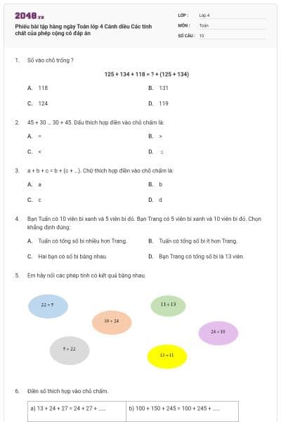 Phiếu bài tập hàng ngày Toán lớp 4 Cánh diều Các tính chất của phép cộng có đáp án