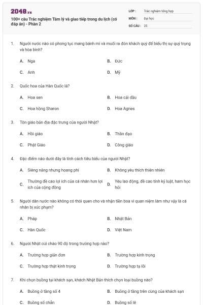 100+ câu Trắc nghiệm Tâm lý và giao tiếp trong du lịch (có đáp án) - Phần 2