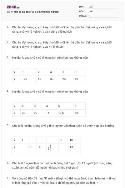 Bài 4: Một số bài toán về đại lượng tỉ lệ nghịch