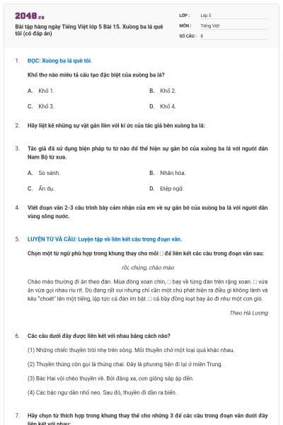 Bài tập hàng ngày Tiếng Việt lớp 5 Bài 15. Xuồng ba lá quê tôi (có đáp án)