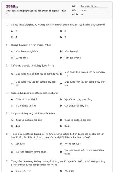 300+ câu Trắc nghiệm Kết cấu công trình có đáp án - Phần 5