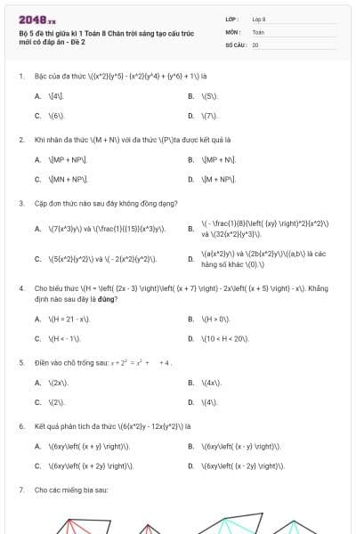 Bộ 5 đề thi giữa kì 1 Toán 8 Chân trời sáng tạo cấu trúc mới có đáp án - Đề 2