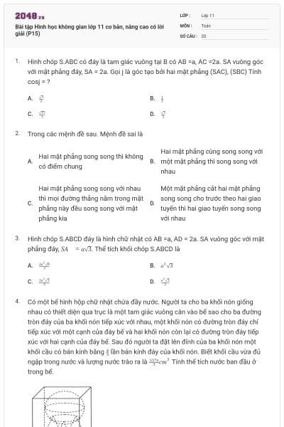 Bài tập Hình học không gian lớp 11 cơ bản, nâng cao có lời giải (P15)