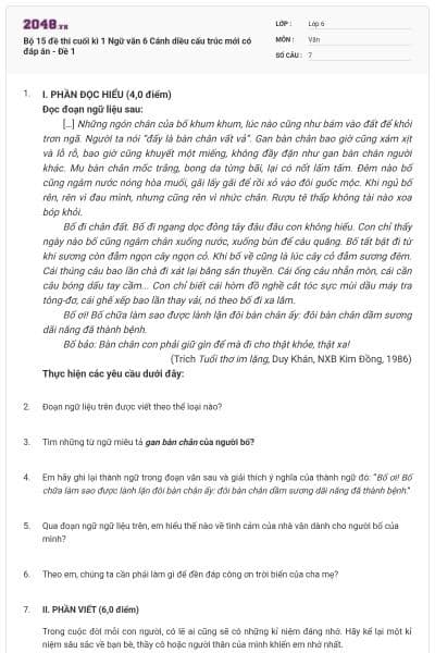 Bộ 15 đề thi cuối kì 1 Ngữ văn 6 Cánh diều cấu trúc mới có đáp án - Đề 1