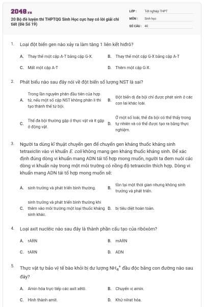20 Bộ đề luyện thi THPTQG Sinh Học cực hay có lời giải chi tiết (Đề Số 19)