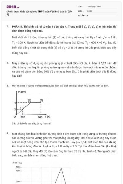 Đề thi tham khảo tốt nghiệp THPT môn Vật lí có đáp án (Đề 8)