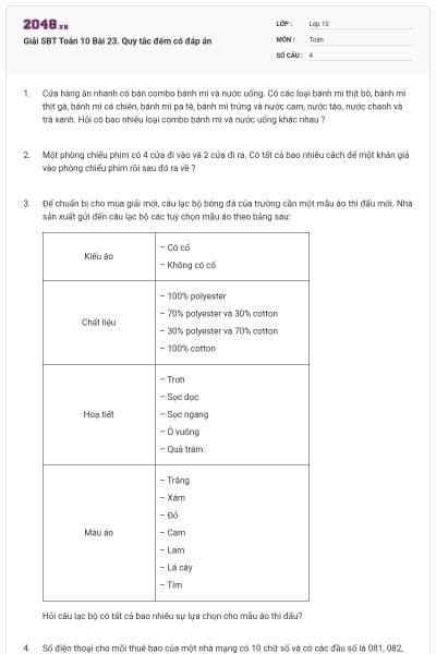 Giải SBT Toán 10 Bài 23. Quy tắc đếm có đáp án