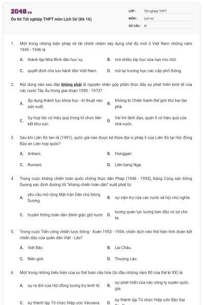 Ôn thi Tốt nghiệp THPT môn Lịch Sử (Đề 16)