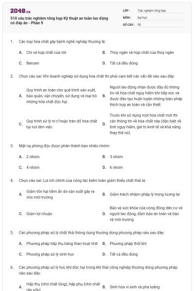 510 câu trắc nghiệm tổng hợp Kỹ thuật an toàn lao động có đáp án - Phần 9