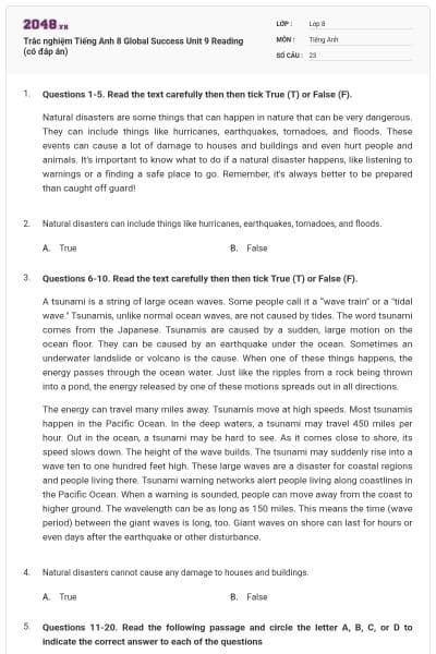 Trắc nghiệm Tiếng Anh 8 Global Success Unit 9 Reading (có đáp án)