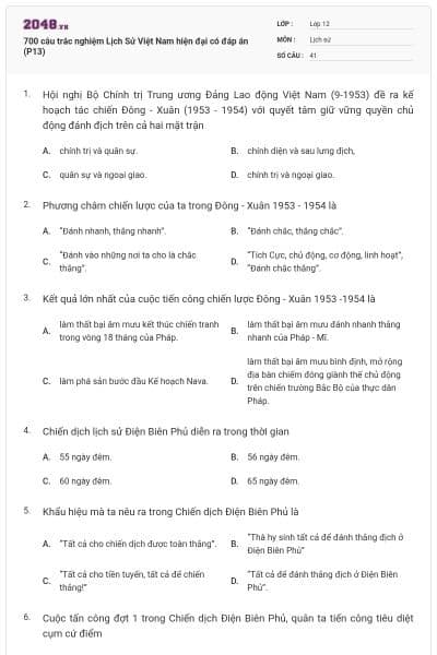 700 câu trắc nghiệm Lịch Sử Việt Nam hiện đại có đáp án (P13)