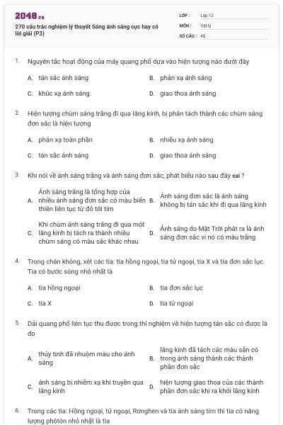270 câu trắc nghiệm lý thuyết Sóng ánh sáng cực hay có lời giải (P3)