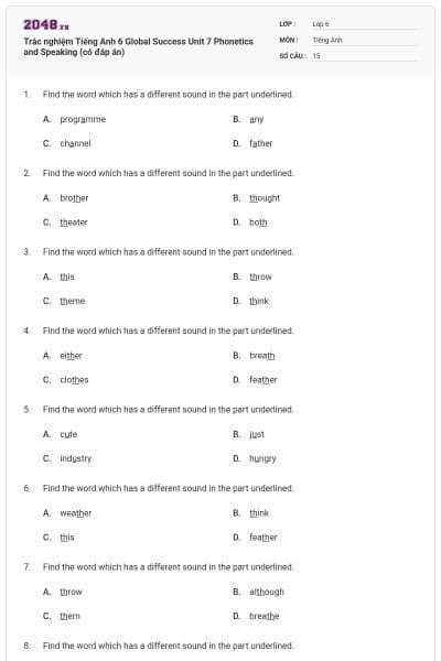 Trắc nghiệm Tiếng Anh 6 Global Success Unit 7 Phonetics and Speaking (có đáp án)