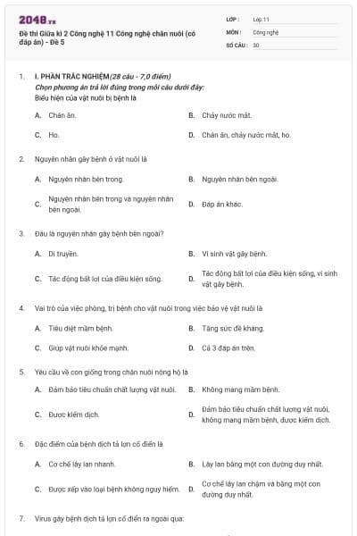 Đề thi Giữa kì 2 Công nghệ 11 Công nghệ chăn nuôi (có đáp án) - Đề 5
