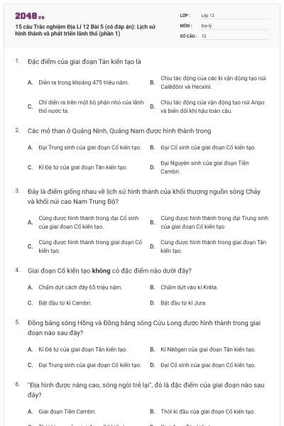 15 câu  Trắc nghiệm Địa Lí 12 Bài 5 (có đáp án): Lịch sử hình thành và phát triển lãnh thổ (phần 1)