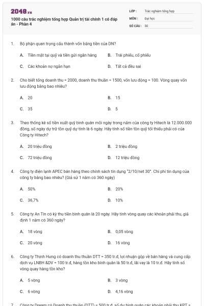 1000 câu trắc nghiệm tổng hợp Quản trị tài chính 1 có đáp án - Phần 4