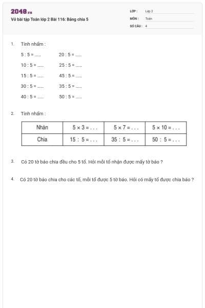 Vở bài tập Toán lớp 2 Bài 116: Bảng chia 5