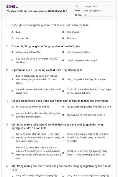 Tổng hợp đề thi thử thpt quốc gia môn KHXH (Địa lý) đề 5