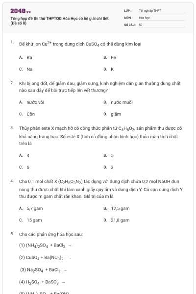 Tổng hợp đề thi thử THPTQG Hóa Học có lời giải chi tiết (Đề số 8)