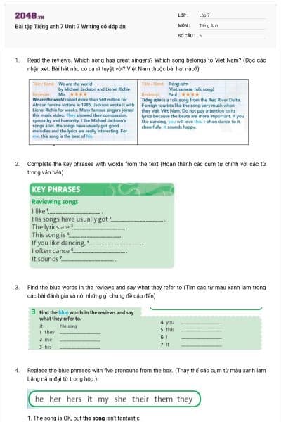 Bài tập Tiếng anh 7 Unit 7 Writing có đáp án