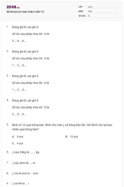 Đề thi học kì I môn Toán 3 (đề 11)