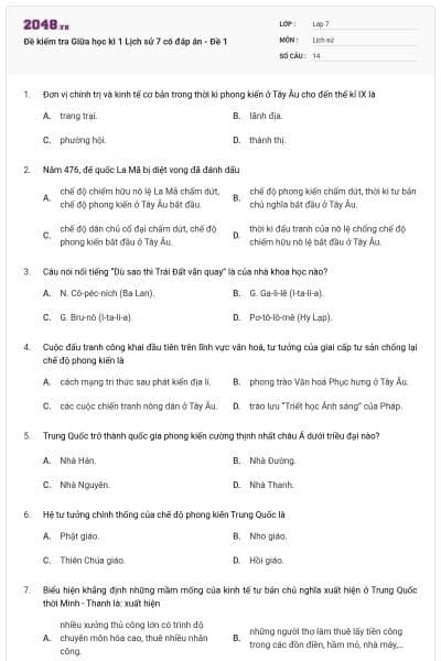Đề kiểm tra Giữa học kì 1 Lịch sử 7 có đáp án - Đề 1