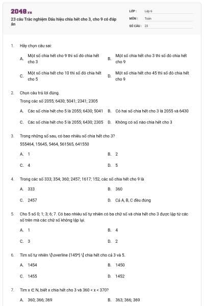 23 câu Trắc nghiệm Dấu hiệu chia hết cho 3, cho 9 có đáp án