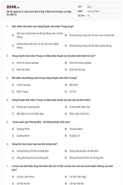 Đề thi giữa kì 2 Lịch sử & Địa lí lớp 4 Kết nối tri thức có đáp án (Đề 2)