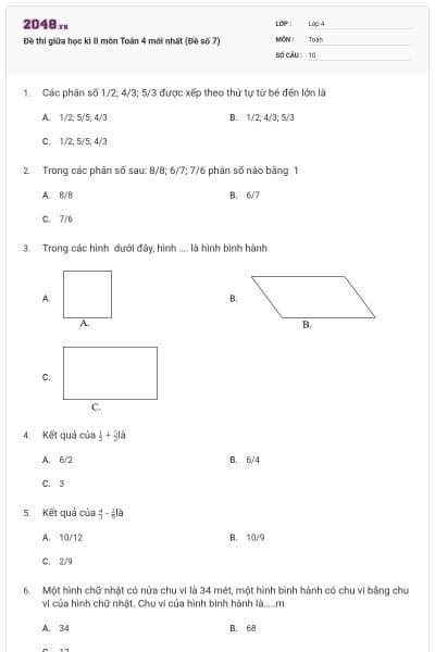 Đề thi giữa học kì II môn Toán 4 mới nhất (Đề số 7)