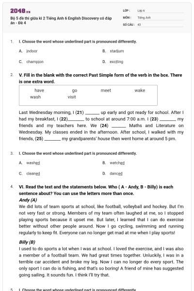 Bộ 5 đề thi giữa kì 2 Tiếng Anh 6 English Discovery có đáp án - Đề 4