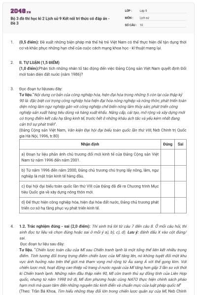 Bộ 3 đề thi học kì 2 Lịch sử 9 Kết nối tri thức có đáp án - Đề 3