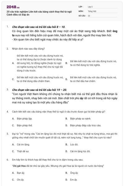 20 câu trắc nghiệm Liên kết câu bằng cách thay thế từ ngữ Cánh diều có đáp án