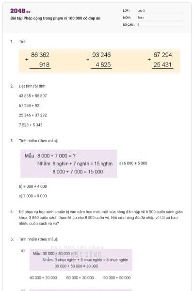 Bài tập Phép cộng trong phạm vi 100 000 có đáp án