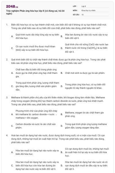 Trắc nghiệm Phản ứng hóa học lớp 8 (có đúng sai, trả lời ngắn)
