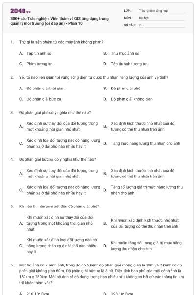 300+ câu Trắc nghiệm Viễn thám và GIS ứng dụng trong quản lý môi trường (có đáp án) - Phần 10