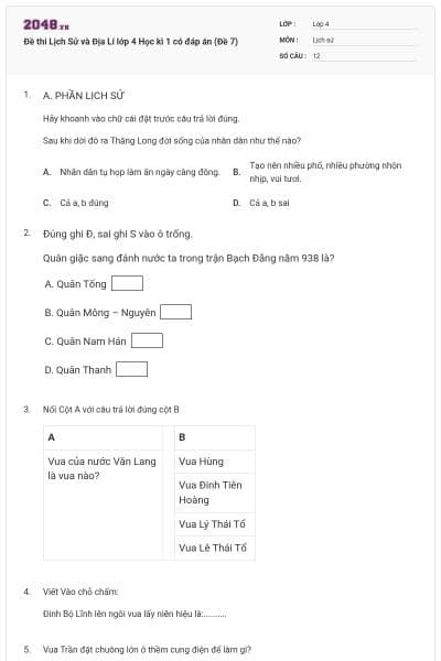 Đề thi Lịch Sử và Địa Lí lớp 4 Học kì 1 có đáp án (Đề 7)